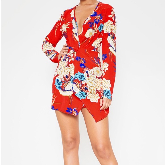 Red Floral long sleeve wrap dress from PLT available in size 0 - Picture 6 of 8